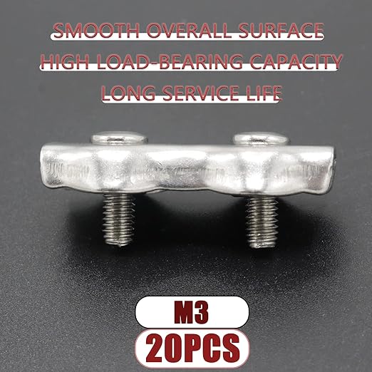 20pcs M3 Stainless Steel Duplex Wire Rope Clip Cable Clamp, Double Bolt Wire Cable Clamps, 2-Post Wire Rope Clip for 1/8 Inch Diameter Wire Cable