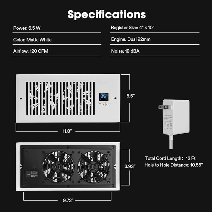 VIVOSUN Quiet Register Booster Fan for 𝟒" 𝐱𝟏𝟎" Holes, Cooling Heating Vent with Intelligent Thermostat Control, 10-Speeds Increase Airflow Booster Fan for Bedroom & Attic, Matte White