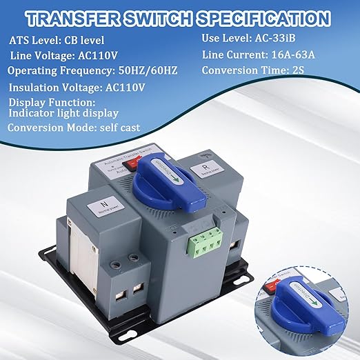 Dual Power Automatic Transfer Switch, 2P 63A 110V Dual Power Generator Changeover Switch 50HZ/60HZ
