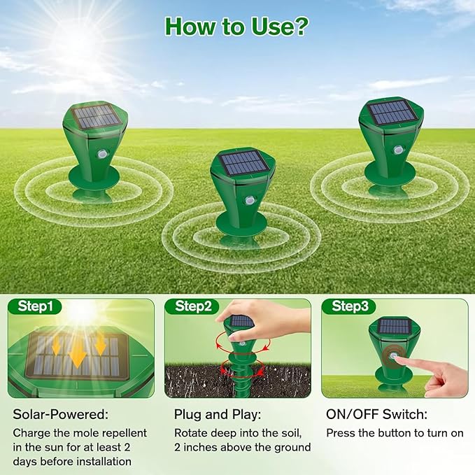Mole Repellent Solar Powered, 4 Pack Ultrasonic Gopher Repeller IP65 Waterproof for Lawn Garden Yard, Sonic Vole Repellent Mole Killer Outdoor Get Rid of Snake Groundhog Chipmunk Squirrels, Green
