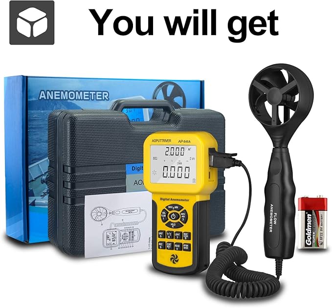 HVAC Anemometer,CFM Air Flow Meter 0.001~100mph High Accuracy Measures Wind Speed/Wind Temp/Air Velocity Air Flow, Professional CFM Meter AP-846A with Backlight Max/Min/Avg