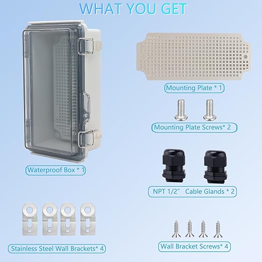 IP67Junction Box, ABS Plastic Outdoor Waterproof Box Electrical Enclosure with Stainless Steel Latch, Hinged Cover Electric Box with Mounting Plate 8.3"x4.3"x3"