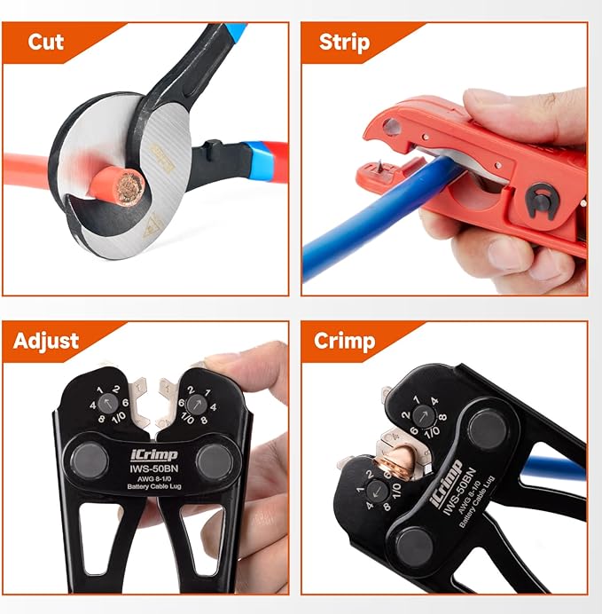 iCrimp Battery Cable Lug Crimping Tool for 8, 6, 4, 2, 1, 1/0 AWG Copper Cable Lugs, Battery Terminal Crimper