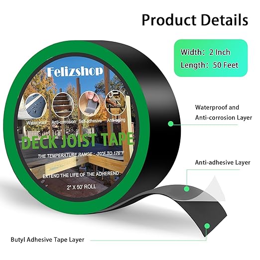 Joist Tape,2" X 50' Butyl Deck Joist Tape,Waterproof Joist Tape for Decking,Deck Joist Flashing Tape for Deck Joists,Wood Beams Building Joists(16 Rolls)