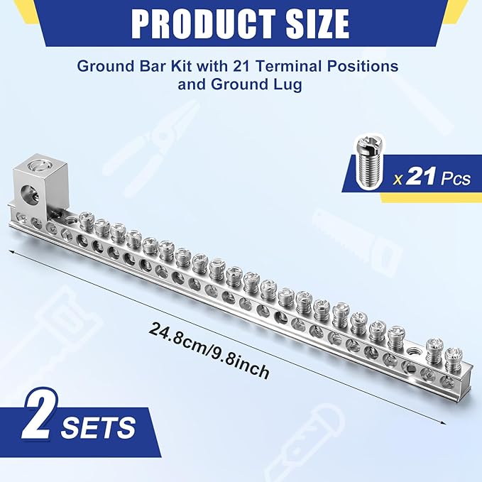 2 Set Ground Bar Kit with 21 Terminal Positions and Ground Lug Bar Aluminum Grounding Lugs for Electrical Connections