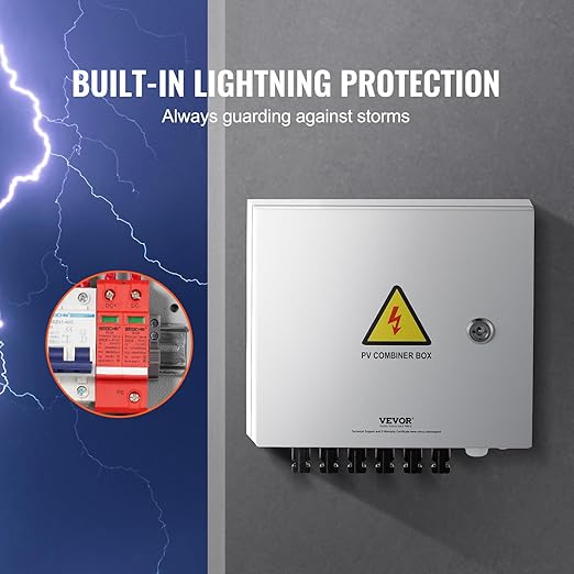 VEVOR PV Combiner Box, 6 String Metal Solar Combiner Box with 10A Rated Current Fuse 63A Circuit Breaker Lightning Arrester, Steel Case for On/Off Grid Solar Panel System, IP65