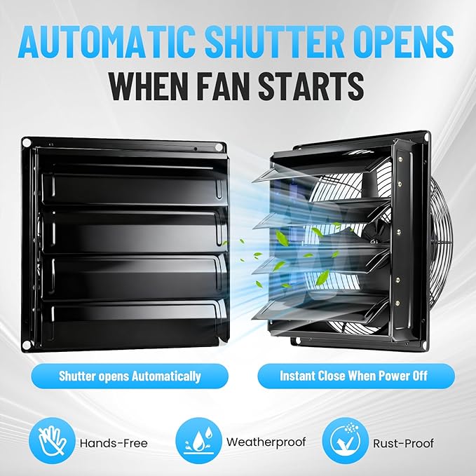14 Inch Shutter Exhaust Fan with Automatic Louvers, 882 CFM 60W Heavy Duty 110-120V Wall Mounted Garage Ventilation Fan for Greenhouse, Attic, Barn, Workshop – Pure Copper Motor, All-Metal Louvered