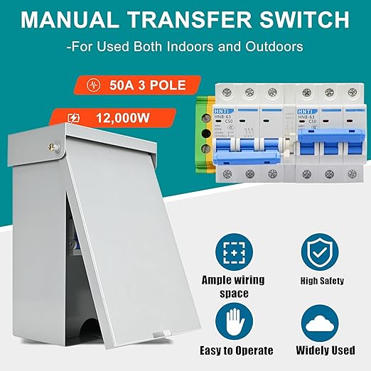 50 Amp 3 Pole Generator Manual Transfer Switch, 208-240V 12000W Transfer Switch for Home Generator and Solar Power Systems, Meeting NEMA 3R Standards for Outdoor and Indoor, with Ground (50A-3P)