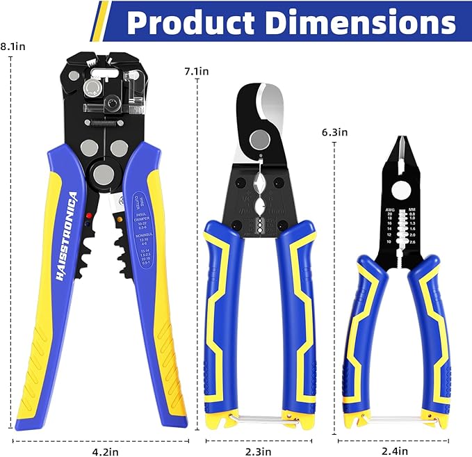 haisstronica Wire Stripper Tools Set for Professional Electrician,10-24AWG,3 Pack Self-Adjusting Wire Stripper & Flush Cutter & Cable Cutters for Wire Stripping, Cutting, Crimping, Cable Skinning