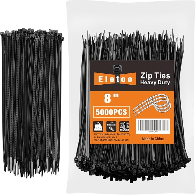 8 Inch Black Zip Ties (5000 Pack), 35 LBS Tensile Strength, Self-Locking Nylon PA66 UV Resistant Cable Ties for Indoor and Outdoor Use