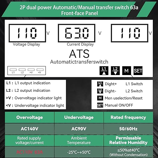 63 amp AC110V Automatic/Manual Transfer Switch with LED Display, 50/60Hz 2P 63A ATS Auto Dual Power Outdoor Changeover Switch for Home Generator, L1 Priority Din Rail Mount Selector Transfer Switches