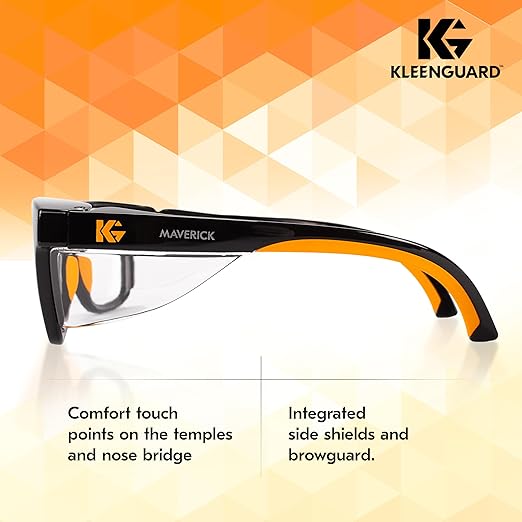 KleenGuard™ Maverick Eye Protection, (49312), Clear Anti-Glare Lenses with Black Frame and Orange Tips, 12 Pairs / Case