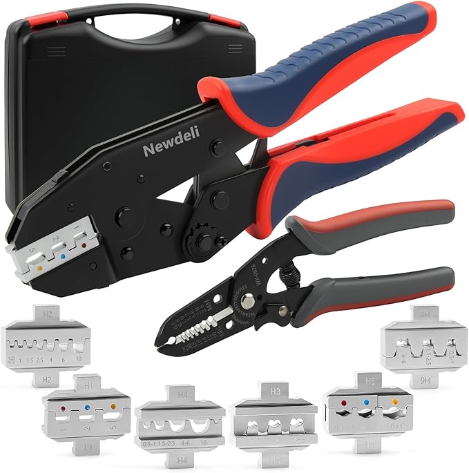 Newdeli Wire Crimping Tool Kit 7PCS Ratchet Wire Crimper Plier for Heat Shrink Connectors Ferrule Connectors Solar Connector Open Barrel Connector Insulated Nylon & Non-insulated Ring Terminals