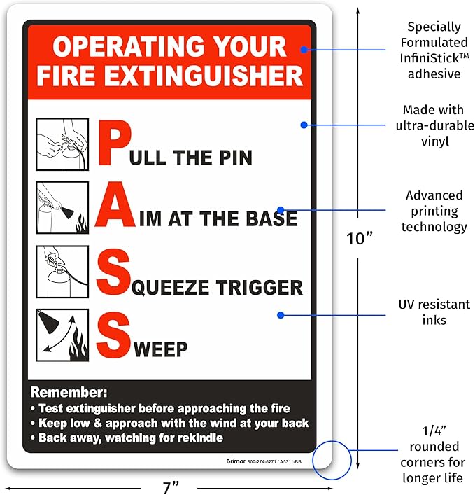 Brimar - 7 x 10" - Operating Your Fire Extinguisher Sign - 3.5 Mil InfiniStick™ Vinyl Label - Easy Installation - Universal Application