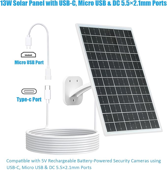13W Solar Panel for Outdoor Security Cameras, USB-C, Micro USB & 5.5x2.1mm DC Output, 360° Mount, IP66 Waterproof, 7.2FT Cable, Compatible with 5V Battery Powered Cameras