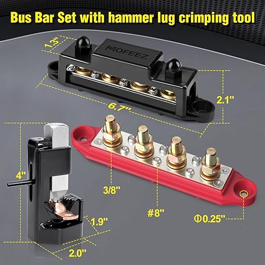 MOFEEZ Power Distribution Block Bus Bar 4 × 3/8" Posts 6 × #8 Screws with Hammer Lug Crimping Tool, Marine Bus Bar 48V 250A for Automotive, Car, Boat, Solar Wiring