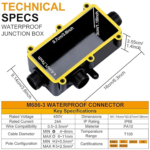 IP68 Waterproof Junction Box Outdoor,3-Way Electrical Junction Box Outdoor with 3 Cable M20 Gland Wire Connector Extension Electrical Cable Protector for Diameter Cable Ø4-12mm Black