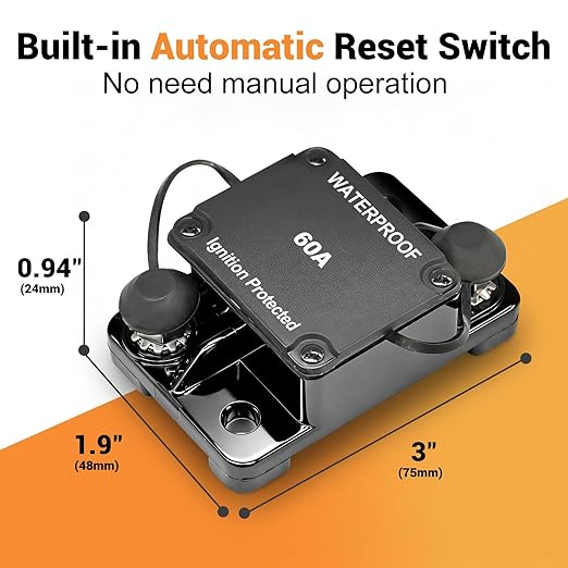 Auto Reset 60Amp Circuit Breaker for Boat Trolling Motor Marine ATV Trailer Vehicles Stereo Audio Electronic Battery Solar System Inline Fuse Waterproof DC 12V-48V (Surface-Mount-Auto Reset)