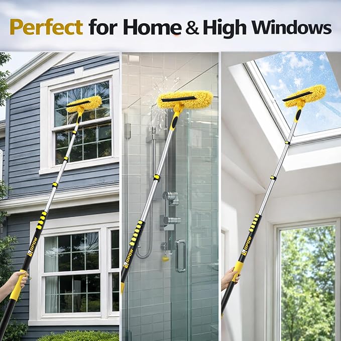 36FT High Reach Window Squeegee with Extension Pole, 2-1 Window Washing Kit with 8-Stage Telescopic Pole & Rotatable Head, No-Ladder Window Cleaner for High Window, Solar Panel, RV & Outdoor Glass