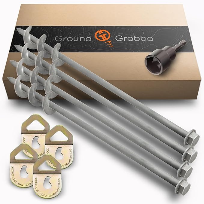 GROUNDGRABBA Screw in Tent Stake for Normal to Hard Ground | Premium Drill Driven Ground Anchor Earth Screws | 4X Pro I Stakes (1.5 Foot), 4X GroundGrabba Closed Hooks, 1X 5/8" Hex Socket Driver