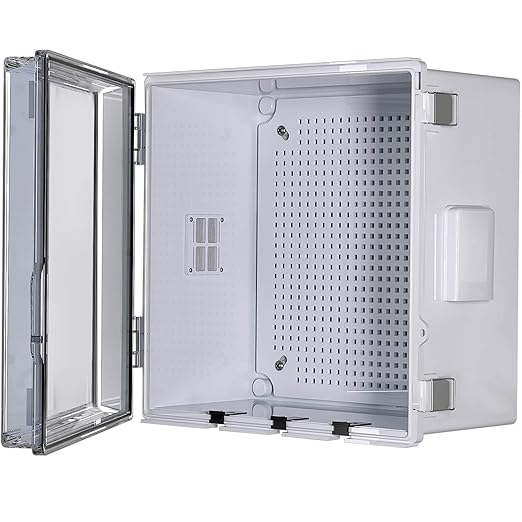 ABS Electrical Junction Box, Ventilated Design, Cable Grommets, IP65 Waterproof Enclosure, Indoor/Outdoor Use with Mounting Panel. (Clear Cover, 11.9"x11.9"x7")