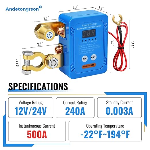 Remote Battery Disconnect Switch LED Display, 12V/24V 240A Heavy-Duty Battery Kill Switch, Anti-Theft Vehicle Battery Cut Off Switch with Remote Control & All Accessories, for Car, Truck, RV, ATV