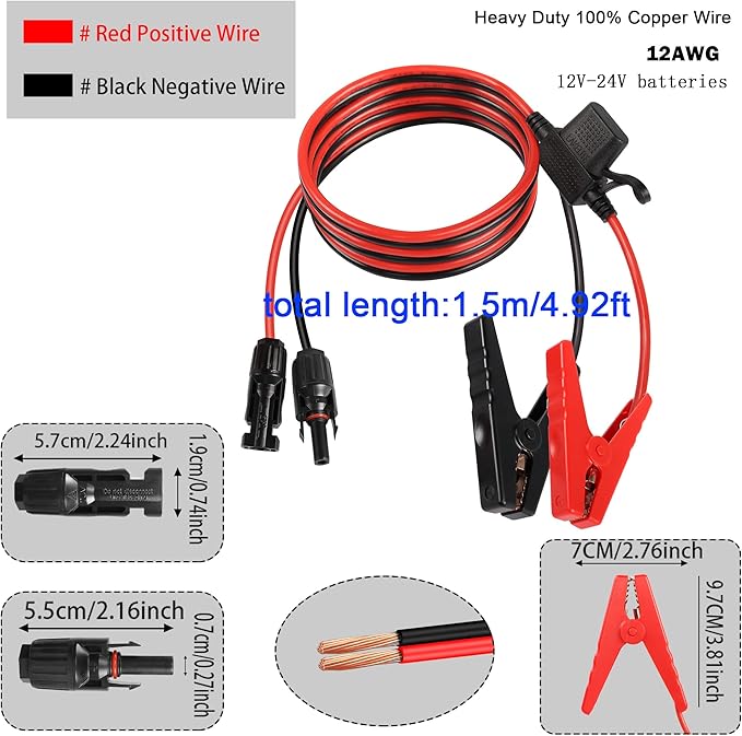 QIANRENON Solar Panel Connector Cable 12AWG Solar Panel Connector to Battery Clip Extension Cable Alligator Clip to Male & Female Solar Connectors Cable with 25A Fuse 1.5m/4.9ft