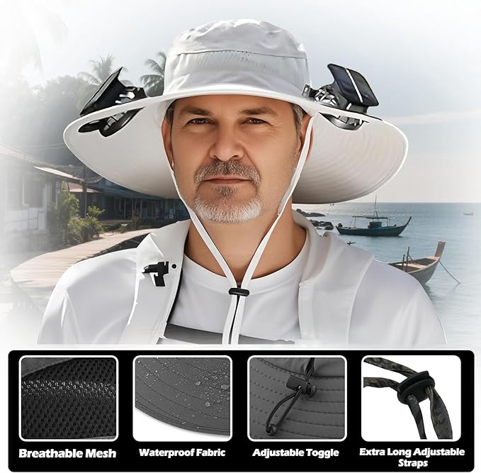 Wide Brim Solar Fan Hat, Outdoor Sun Hat with 2 Solar Power Fan for Men Women UPF 50+ Breathable Bucket Fishing Hat