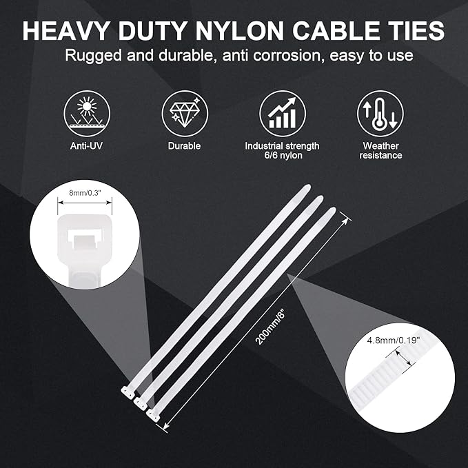 White Zip Ties Heavy Duty 8 Inch(100 Pack), 50lb Multi-purpose Cable Ties For Indoor and Outdoor Use