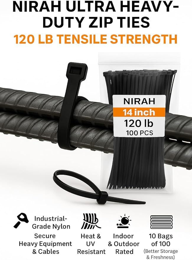 14 inch Zip Ties Black (1000 Pack) 120lbs Ultra Heavy Duty Tensile Strength, UV Resistant, Self-Locking, Nylon PA66 Cable Ties, Wire Ties for HVAC, Home, Office, Contractors, Businesses by Nirah