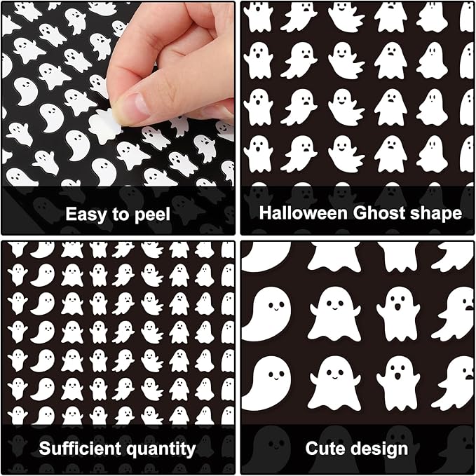 JarThenaAMCS 2400 Pcs Halloween Mini Sticker Ghost Paper Decals Black White Self-Adhesive Stickers for Envelopes Scrapbook Gifts DIY, 0.5 in