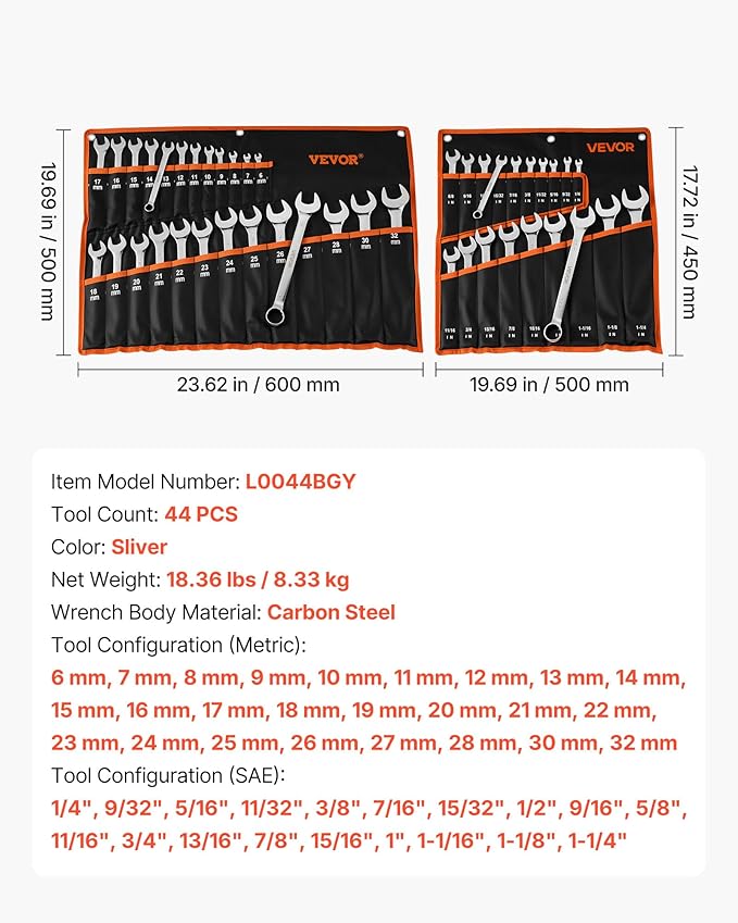VEVOR Combination Wrench Set, 44-Piece SAE and Metric, 12-Point Box End and 15° Angled Open End Combination Wrenches with Roll Up Pouch, Carbon Steel, for General Household and Automotive Repairs
