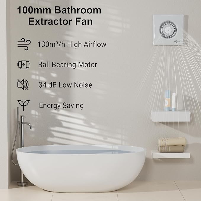 4 Inch Bathroom Exhaust Fan, 130m³/h Quiet Ventilation Extractor with Check Valve, Wall/Window Mount Bathroom Exhaust Fan for Kitchen, Garage, Office, Shop, 12W, 34 dB, White