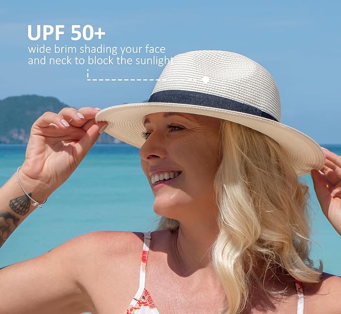 Joywant Womens Straw Fedora Beach Sun Hat, Packable Wide Brim Panama Hat for Women UV UPF50+ Summer Hat
