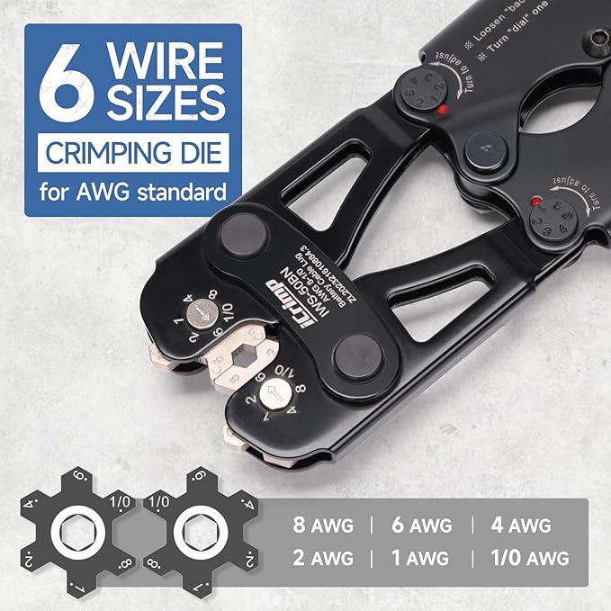 iCrimp Battery Cable Lug Crimping Tool Kit for 8-1/0 AWG - 63pcs Copper Lugs & 25pcs Heat Shrink Tubes, Wire Cutter & Stripper