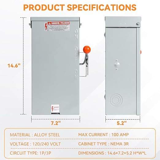 100A Generator Transfer Switch, 24000W Heavy Duty Double Throw Safety Switch, 120/240V Manual Transfer Switch, Stronger Stability, Enlarged NEMA 3R Enclosure for Outdoor, 10-Year Warranty