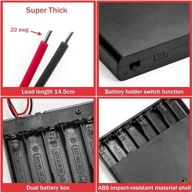 2PCS 12V (8 x 1.5V) 8AA Battery Holder Enclosures with Wire Leads and On/Off Switch Lid 12 Volt Battery Case with Hook Verclo and Solder Seal Wire Connectors