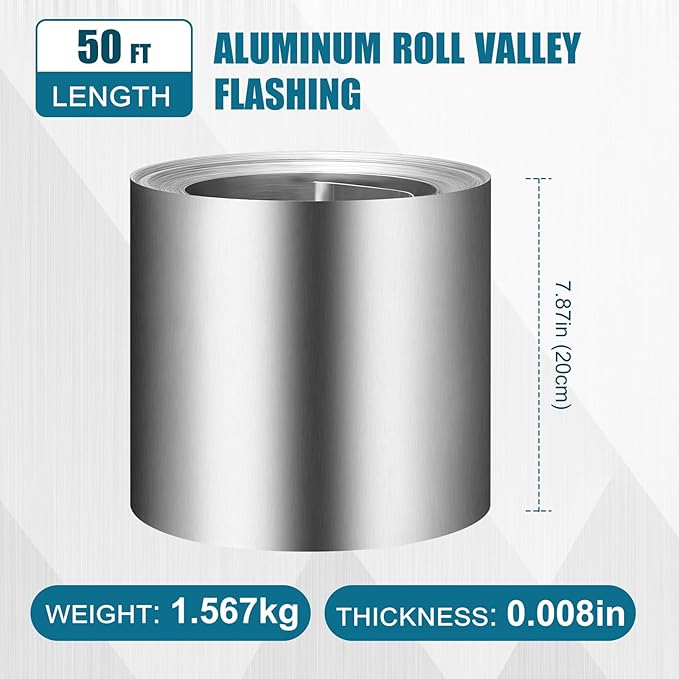Blulu 1 Roll 8" x 50' Aluminum Flashing Roll, 0.36mm Thickness Weatherproof Metal Aluminum Roof Panels, Roof Flashing Strip for Sealing Windows Doors Backyard Outdoor Gardens Moss Stains Prevention