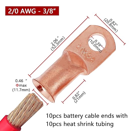 TKDMR 10pcs 2/0 AWG-3/8 Battery Lugs,Heavy Duty Wire Lugs,Ring Terminals,Battery Cable Ends,0 Guage terminals,Battery Terminal Connectors with 10pcs 3:1 Heat Shrink Tubing