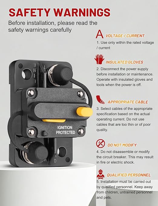 RED WOLF 25A Circuit Breaker Manual Reset, Mid Range Mini Fuse DC 12-32V, #10-32 Stud for Marine Boat Trolling Car Electronic Battery Solar System w/6 AWG-1/4 Wire Lugs Screw Kit Waterproof IP67