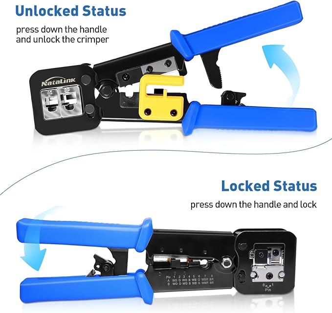 Pass Through RJ45 Crimp Tool Cat 6 Cat 5E Cat 5 Ethernet Crimper All-in-One RJ45 Crimping Tool with 30 Pcs Cat6 RJ45 Pass Thru Connector and Replacement Blade