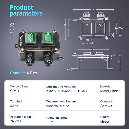 Waterproof On Off Toggle Switch Double Switch/Outlet with Green Light Rocker Button Inline Cord Switch DPST AC 20A-125V,16A-250V