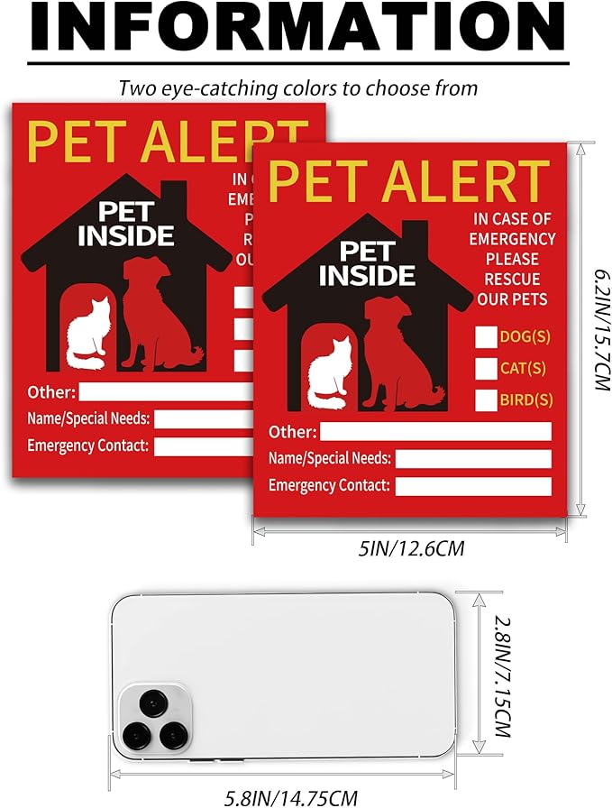 2 PCS Pet Alert Sticker for House，UV Resistant Self Adhesive Vinyl in Case of Fire Pet Stickers Waterproof Fade-Resistant Pets Inside Window Emergency Sticker