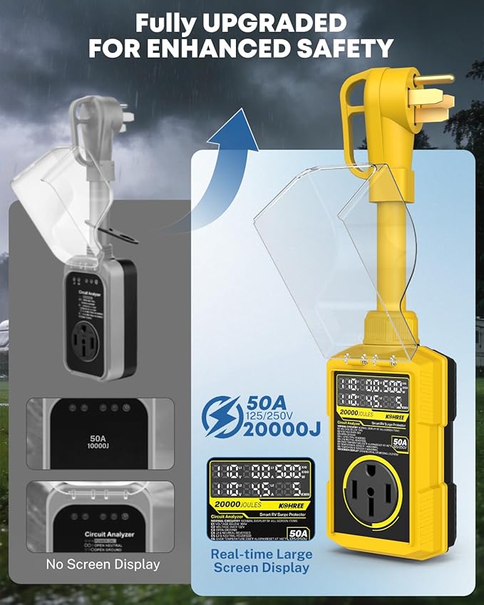Kohree RV Surge Protector 50 Amp, 20000 Joules RV Power Surge Voltage Protection, RV Adapter Plug with Auto Shut Off LED Large Screen Real-Time Circuit Analyzer for Travel Trailers Camper-50A Yellow