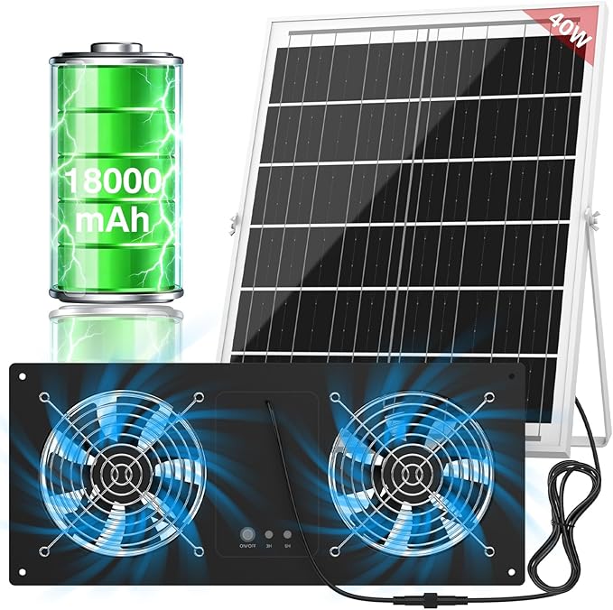 40W Solar Powered Exhaust Fan with 18000mAh Battery & Timer, 3500RPM High-Speed Waterproof Ventilation Fan for Chicken Coop, Greenhouse, Shed, Pet House & Window