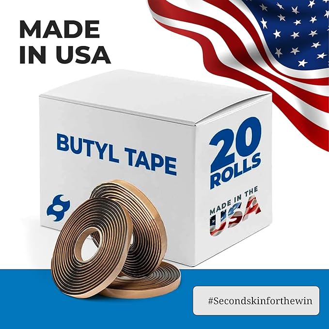 Second Skin Butyl Tape – 20 Roll (20ft x 1/2” x 1/4”) | Black Butyl Sealant Tape for RV, Auto, Marine, Headlight Repair, Window Glazing Tape | Weatherproof & Waterproof, Indoor & Outdoor, Made in USA
