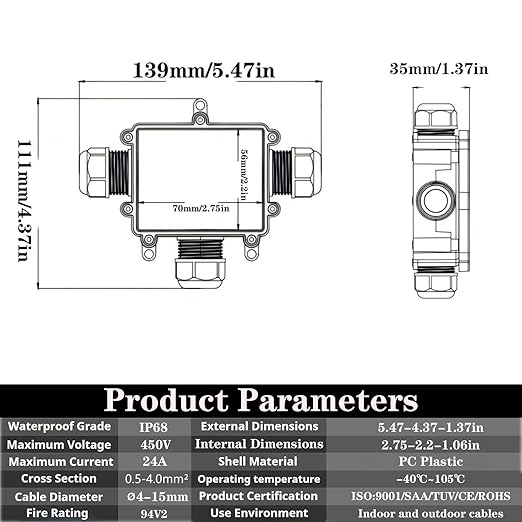 3-Way T-Shaped Waterproof Junction Box - IP68 Rated, Fits Wire Range 4-15 mm, Open Splice Outdoor Underground Electrical Box - 1 Pack