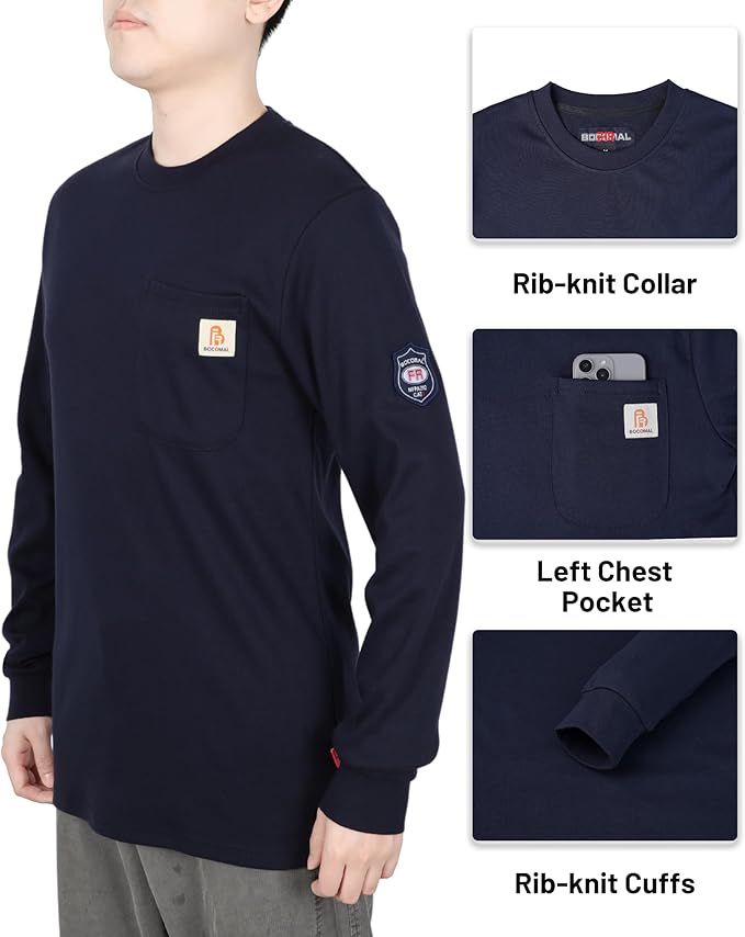 BOCOMAL FR Shirts Crewneck 7oz Midweight Flame Resistant Clothing NFPA2112 CAT2 Men's Fire Retardant Work Shirt