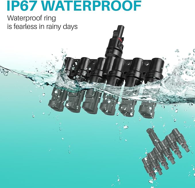 Solar Panel Connector 6 to 1 T Branch Parallel Adapter, 30A 1000V 10AWG Tool-Free IP68 Waterproof Cable for Solar Panels (T Branch, 6to1(1Pairs))