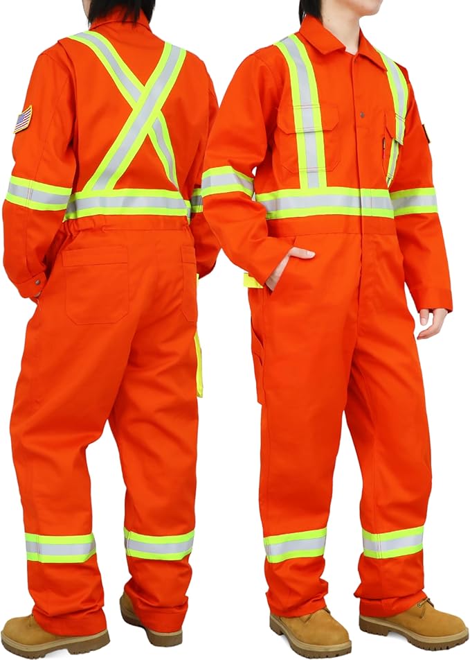 BOCOMAL FR Coveralls Men High Visibility 7.5oz Cotton Twill Flame Resistant Fire Retardant Work Coverall NFPA2112 HRC2